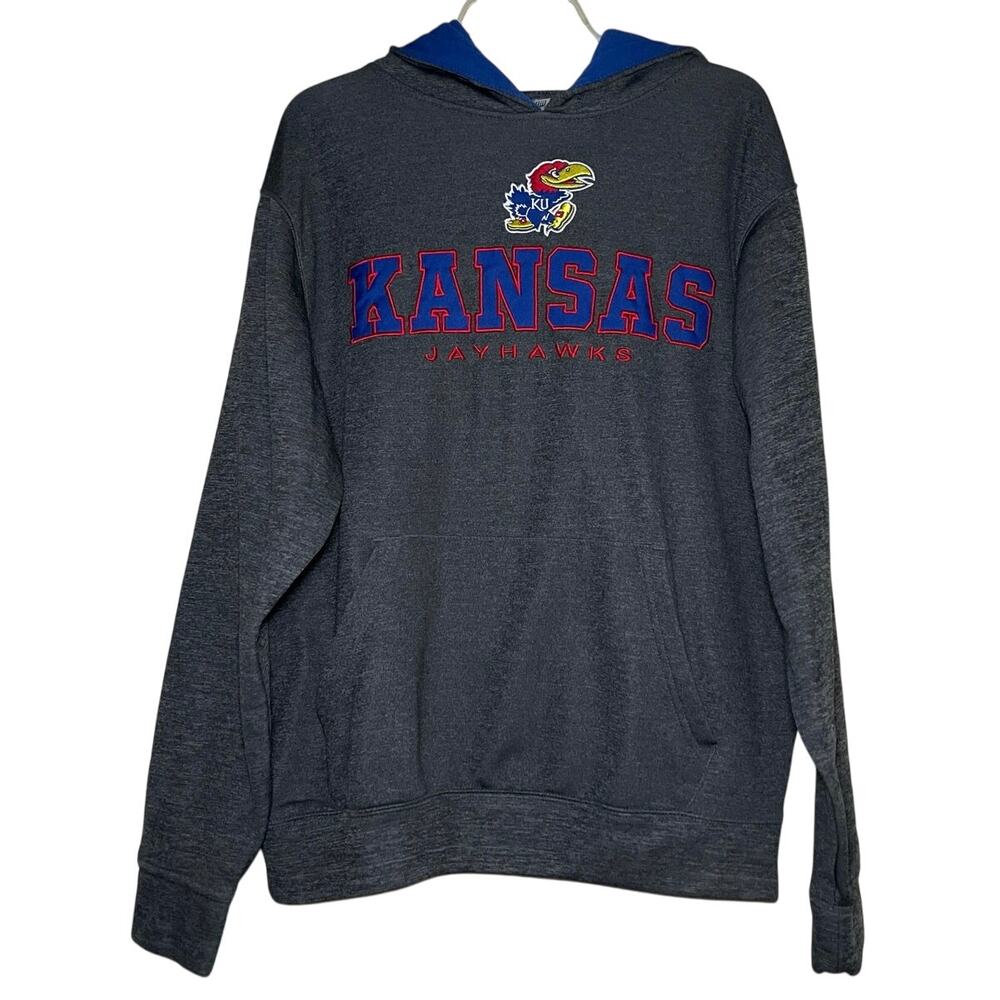 Kansas Jayhawks Gray Hoodie Size L KU Basketball Embroidered Patch College Cozy